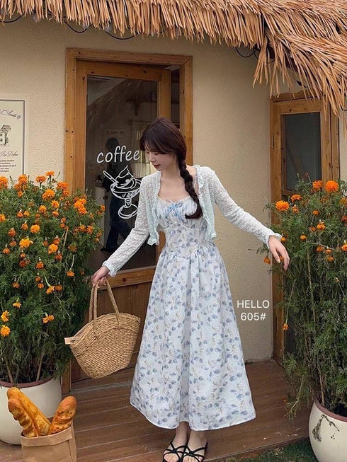 Ladies Spaghetti Straps Floral Print Long Dress